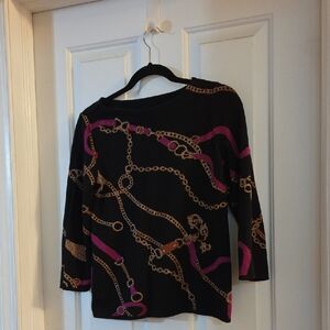 Chico's Black Top with Pink and Gold Metallic  Chain Design Small